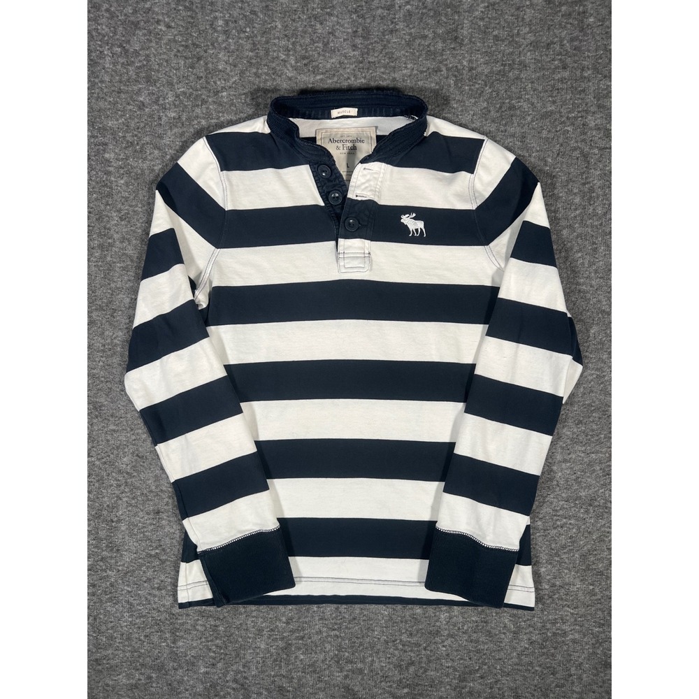 Vintage Abercrombie & Fitch Navy White Striped Muscle Henley Long Sleeve Large